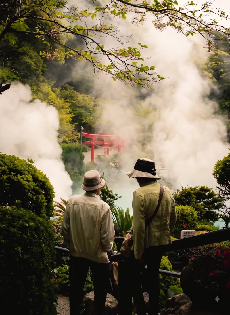 Two travelers viewing a red torii gate through rising steam at Umi Jigoku hot spring, Beppu, Kyushu, Japan