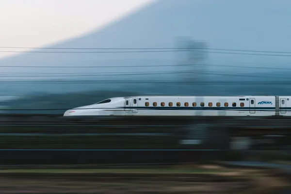 A bullet train in motion with Mount Fuji in the background, Japan